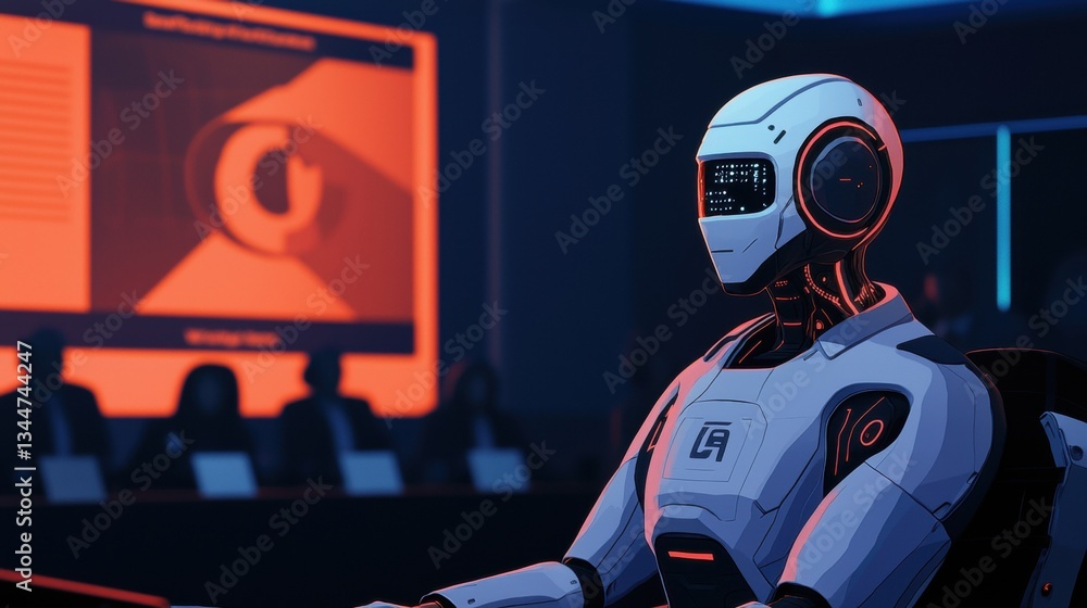 Poster a futuristic robot sits in a conference room, surrounded by screens displaying data, showcasing adva