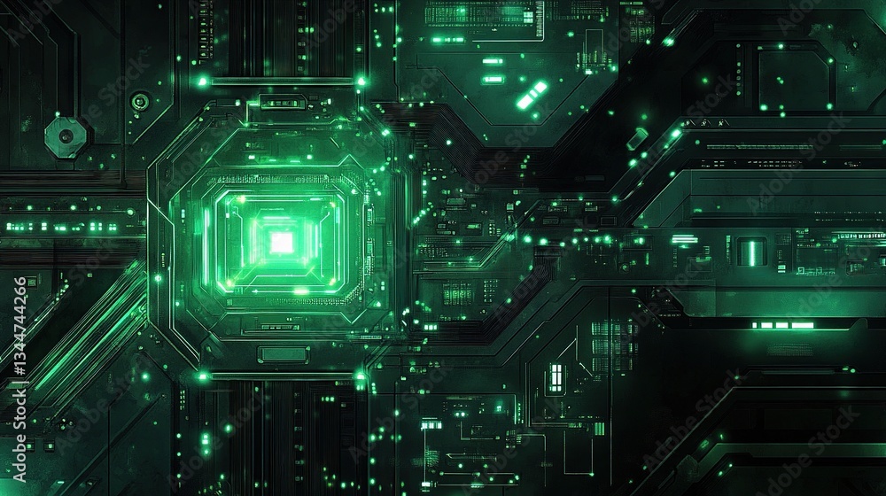 Poster futuristic circuit board with glowing paths in green color scheme