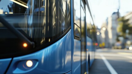 Modern Blue Bus on Urban Street CloseUp View of Vehicle with Illuminated Lights and Reflectio