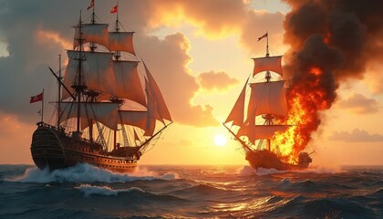 Pirate ships engage in sea battle at sunset. Cannon fire, thrilling naval combat, maritime clash. Wooden vessels sail dangerous waters. Intense action, courageous sailors fight epic battle on pirate