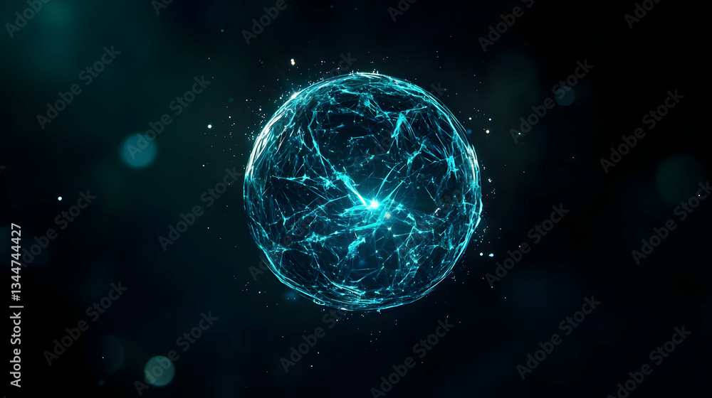 Poster abstract glowing blue sphere of interconnected lines and dots on dark backdrop of bokeh lighting