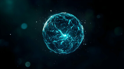 Abstract Glowing Blue Sphere Of Interconnected Lines And Dots On Dark Backdrop Of Bokeh Lighting