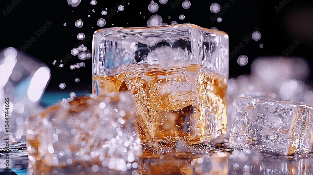 Poster close-up of ice cubes on a table with water splashing on top