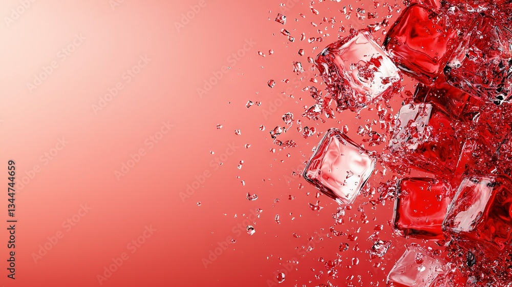 Poster red background with copy space, group of ice cubes and water splashing