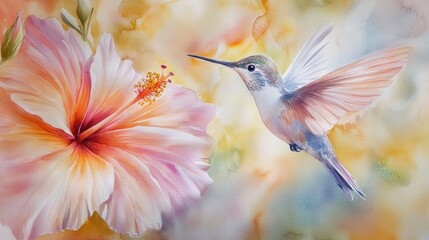 Naklejka premium Watercolor Hummingbird Near Hibiscus Flower