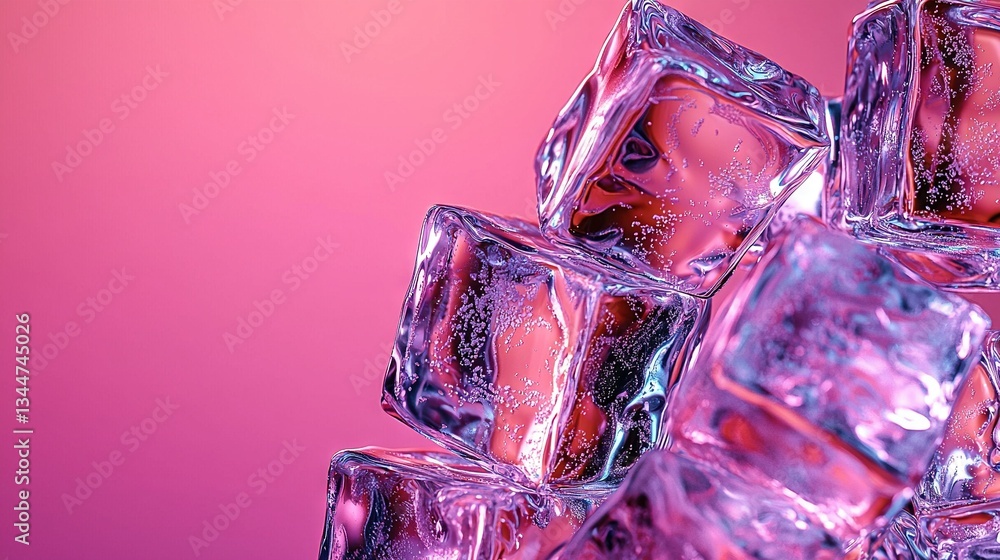 Poster a collection of ice blocks resting on a pink granite surface, set against a gradient backdrop of pin