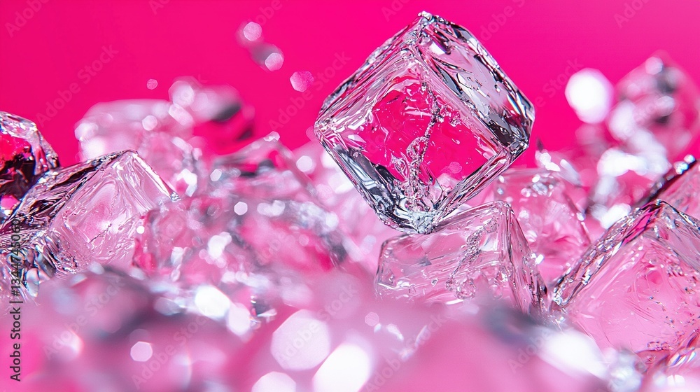 Poster a pink and white table with a red and pink wall, featuring an array of ice cubes stacked on top