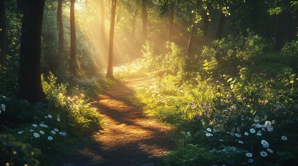 Naklejka premium Serene Sunlight Illuminates Forest Path Surrounded by Lush Greenery and Colorful Flowers