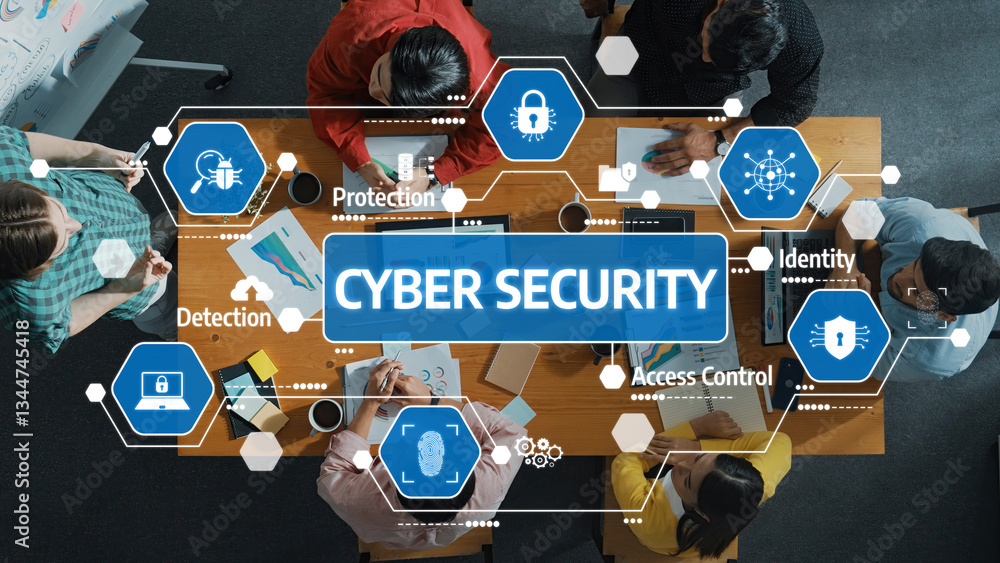 Poster collaborative team discussing cyber security strategies, focusing on data protection and access cont