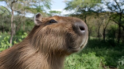 Capybara face close-up showing detailed nose and eyes