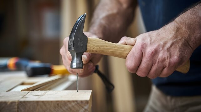 Carpentry Task Close-Up Showing Hammer Striking Nail Partially Embedded in Wood