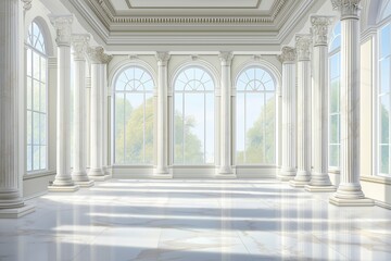 Obraz premium White grand hall with large windows in palace or castle, surrounded by lush greenery