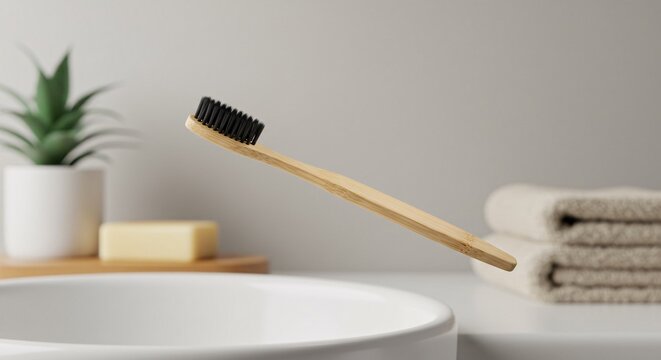 anuncio de cepillo de bambo para los dientes levitando en un ba&ntilde;o