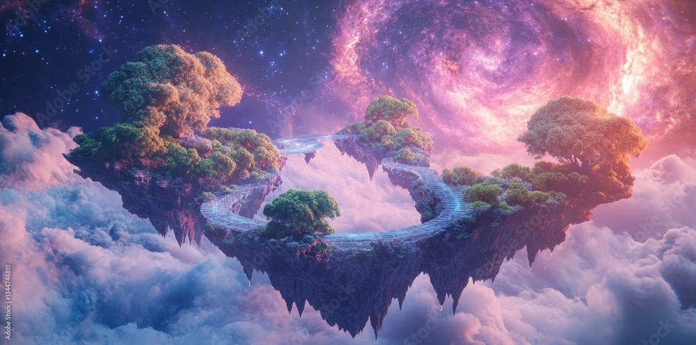 Poster floating islands with trees connected by a winding pathway exist in space