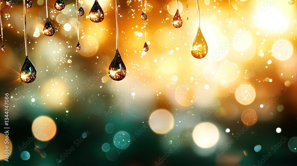 Poster a cluster of water droplets dangling from a string against a backdrop of glowing lights