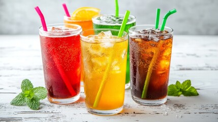 Fototapeta premium Soda water of different flavors with ice cubes in glasses on white wooden table, top view