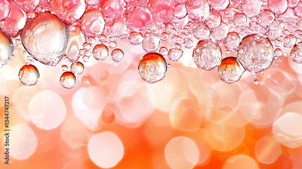 Poster a cluster of droplets on a rosy-orange backdrop with a hazy glow in the background