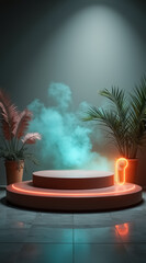 Obraz premium two-tiered round display platform with neon light and tropical plants