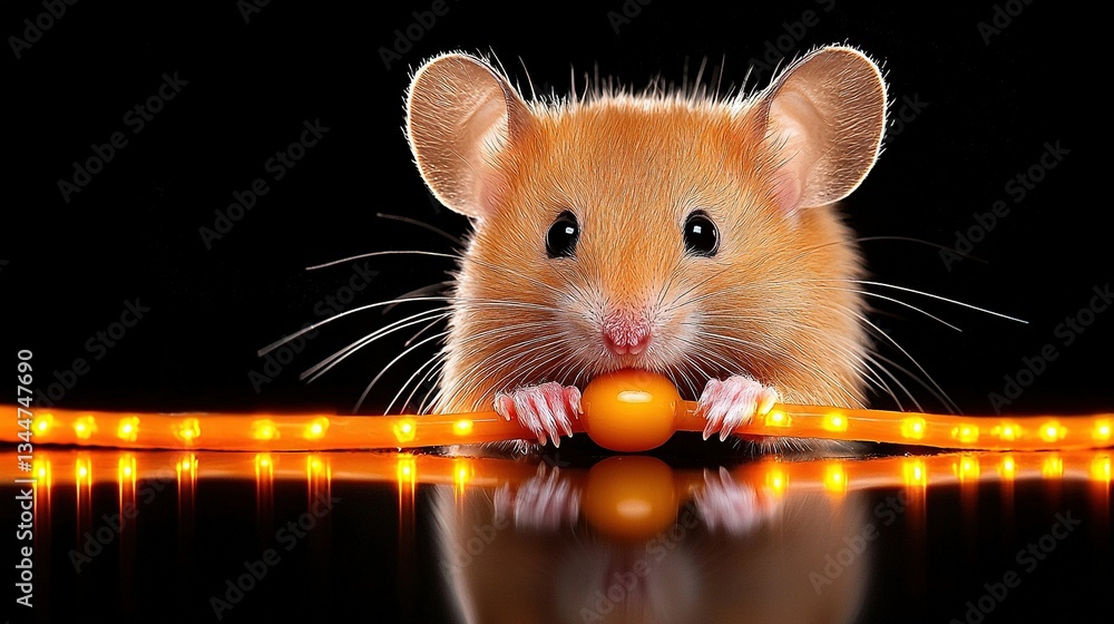 Poster close-up of a mouse on a table with strings of lights in the foreground and an orange ball in the ba