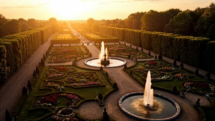 Aerial view of formal garden with symmetrical design and fountains at sunset. Elegant landscape with geometric patterns, water features. garden architecture. Tourism, heritage sites, wedding venues