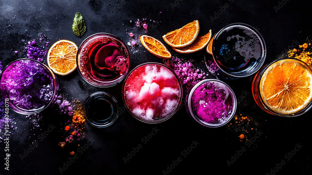 Poster can be eaten.a black surface, topped by glasses filled with various-colored liquids and an array of 