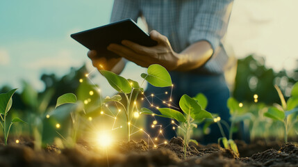 progressive farmer in a soybean field, assessing crop conditions using an advanced digital tablet. The background features automated irrigation systems and AI-driven analytics, sym