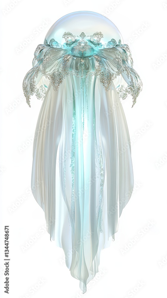 Poster an artistic rendering of a jellyfish floating elegantly on white