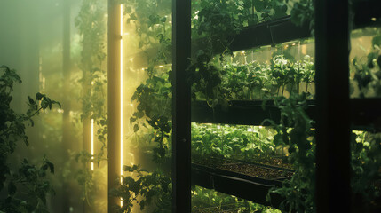 Vertical farming structure with stacked hydroponic trays, fresh herbs growing under soft lighting
