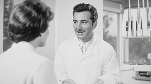 dental consultation scene where a skilled dentist explains brushing techniques using a mirror and a model of teeth. The emphasis is on preventive dentistry, helping the patient dev