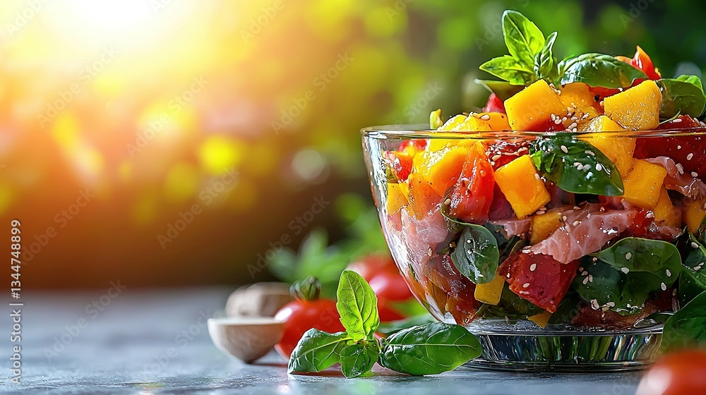Poster close-up image of a bowl of fruit on a table with various produce in the background