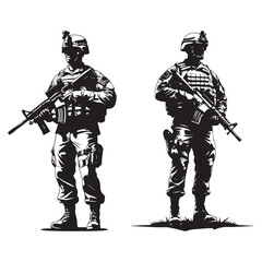  Silhouette vector set of an American soldier holding a gun. On white background