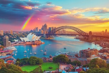 Cityscape at sunrise with a rainbow