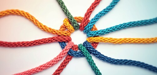 Intertwined colorful ropes symbolize connection, unity. Teamwork concept as business metaphor for joining partnership of diversity for cooperation, success, leadership, strong support, togetherness,