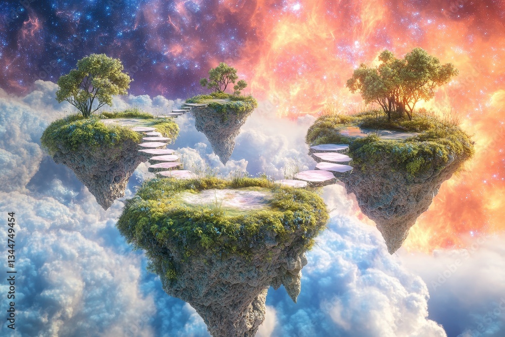 Poster floating islands with steps and trees in an ethereal cosmic setting