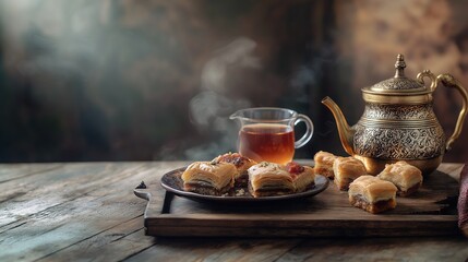 A beautifully arranged Middle Eastern tea setting with an ornate teapot, a glass of hot tea, and a plate of baklava on a rustic wooden tray. The scene evokes warmth, hospitality and culinary tradition