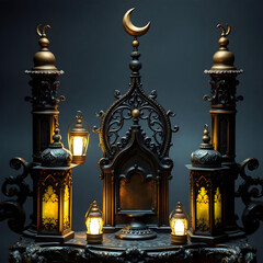 Obraz premium Golden Crescent Moon and Ornate Lanterns: Elegant Ramadan Decorations