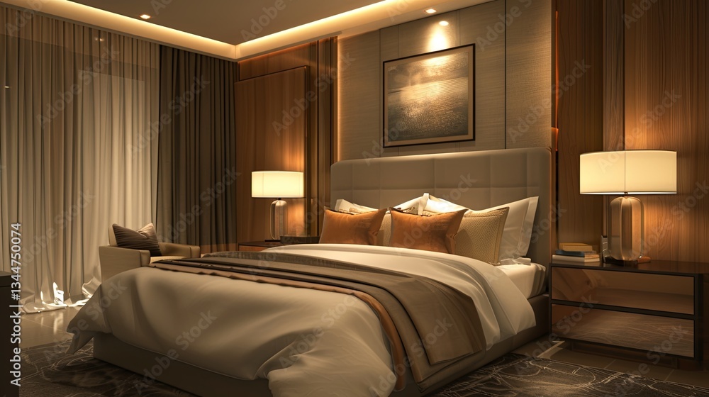 Poster stylish modern bedroom with high-quality mattress and elegant decor elements in warm lighting for a 