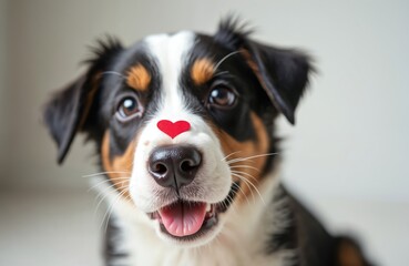 Funny puppy border collie portrait. Cute dog holding red heart on nose isolated on white background. Lovely dog in love gives gift for valentines day concept. Copy space.
