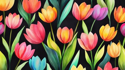 Fototapeta premium Seamless floral pattern with colorful tulips blooming on black background creates a vibrant and captivating design