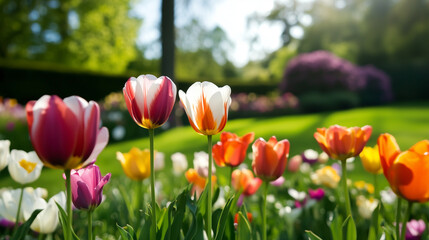 Obraz premium Colorful tulips blooming in sunny spring garden, vibrant flower bed outdoors, seasonal nature landscape, fresh botanical background, bright springtime blossoms