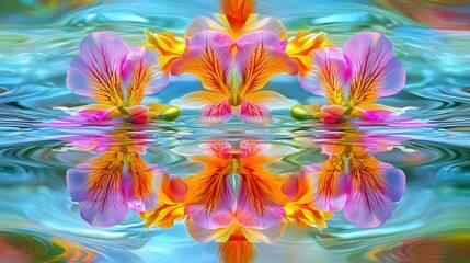 Flag Iris (Iris versicolor) flowers in vibrant pink, yellow, and purple hues reflected in rippled water. Botanical still life and floral art concept.