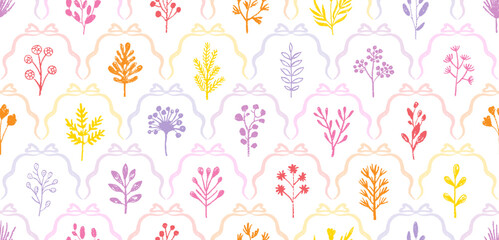 Floral pattern. Bow ribbon seamless background with flower coquette. Vector preppy print. Crayon floral pattern. Blue pink vintage tile design. Repeat damask bouquet. Chalk crayon elegant wallpaper bg