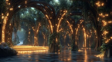 Obraz premium Enchanting forest with ornate trees and illuminated pathways at night