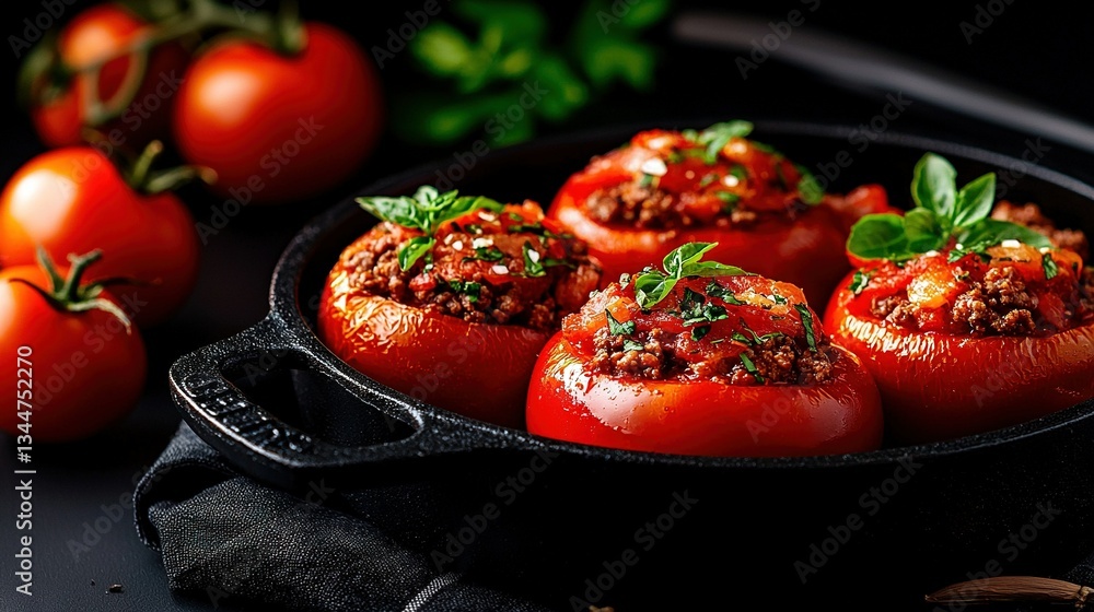 Poster a pan containing stuffed tomatoes sits atop a table alongside an array of tomatoes