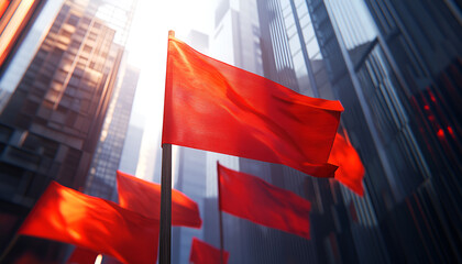 Peaceful demonstration on international workers day with red flags in cityscape scene. concept of labor rights, social unity, urban protest, human empowerment