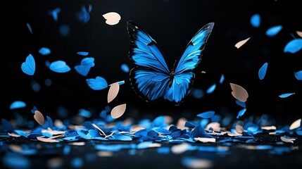   Blue butterfly flying in front of black background with numerous blue petals on the ground below