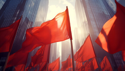 Peaceful demonstration on international workers day with red flags in cityscape scene. concept of labor rights, social unity, urban protest, human empowerment