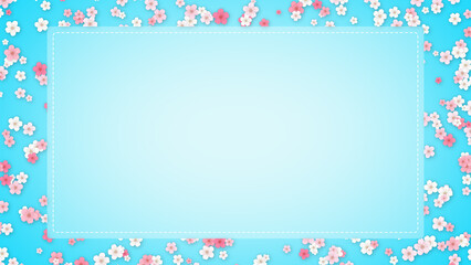  spring cherry blossoms border frame on blue paper texture background , Japanese cherry petals sales social media design element