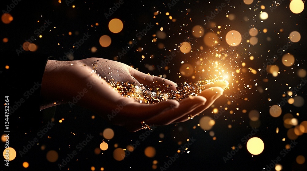 Aufkleber a person grasping a heap of gleaming gold flakes against a dark backdrop with an abundance of sparkl