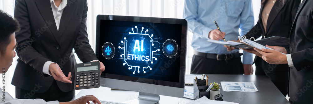 Poster ai ethics responsibility standard law and rules on computer screen provide report of ai ethic transp